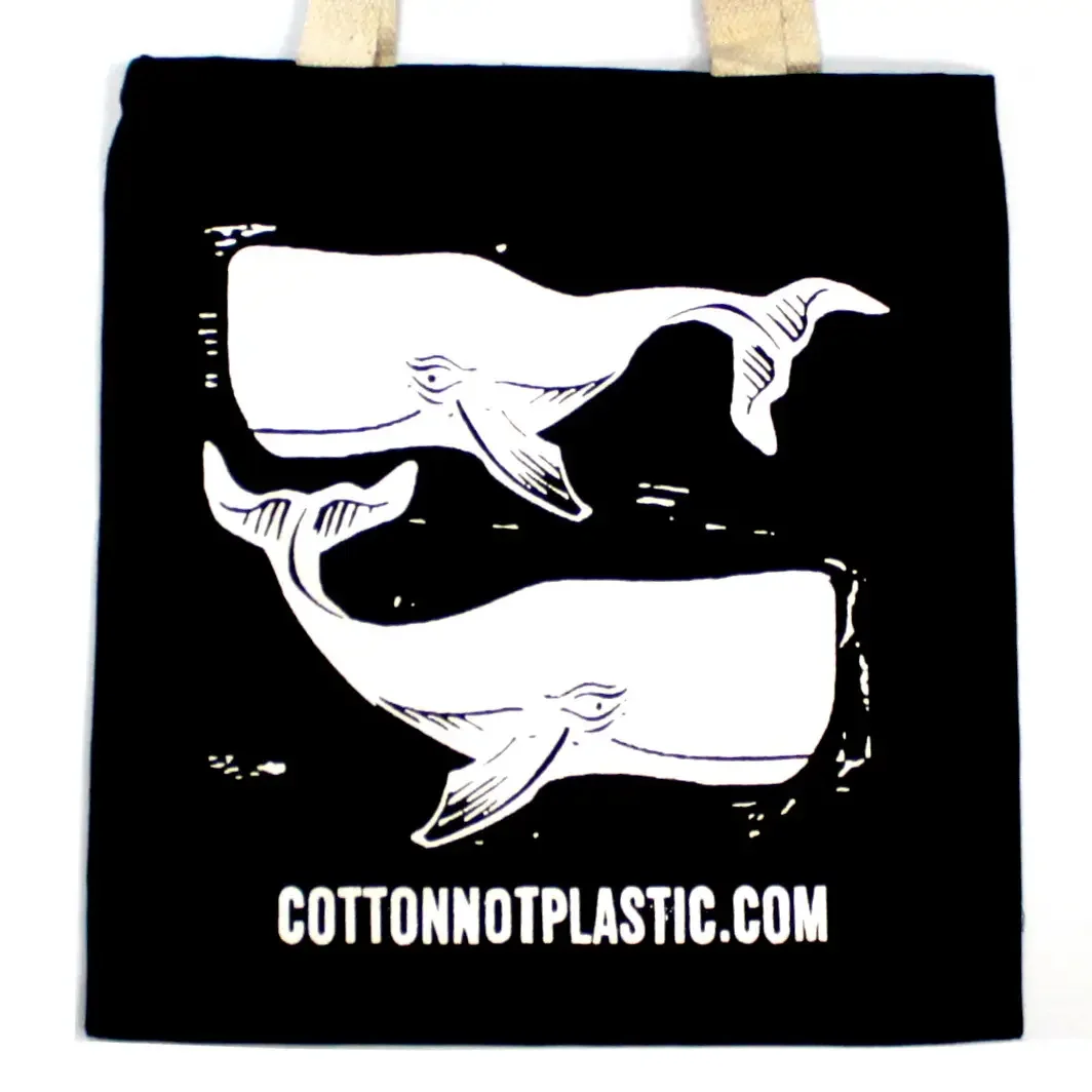 Large black cotton tote bag, 38 by 42 cm, 8 oz capacity, from WHALES