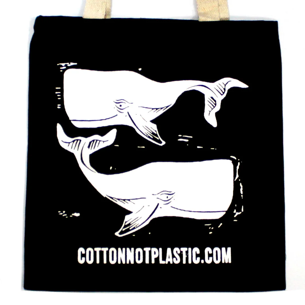 Large black cotton bag, 38x42cm, white “WHALES” logo – a stylish whale cotton bag.