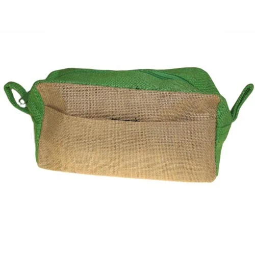 Jute toiletry bag in natural green fabric, simple woven design.