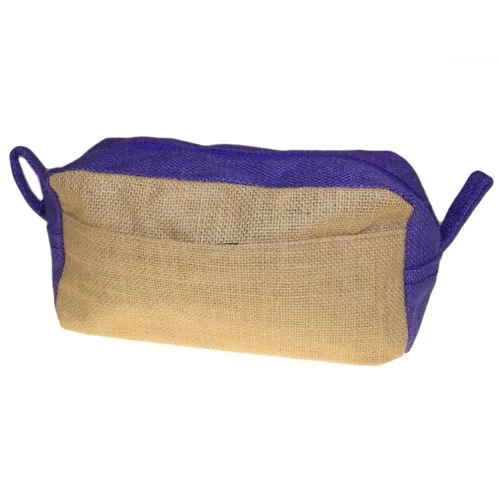 Jute toiletry bag with natural jute fabric and lavender accents.