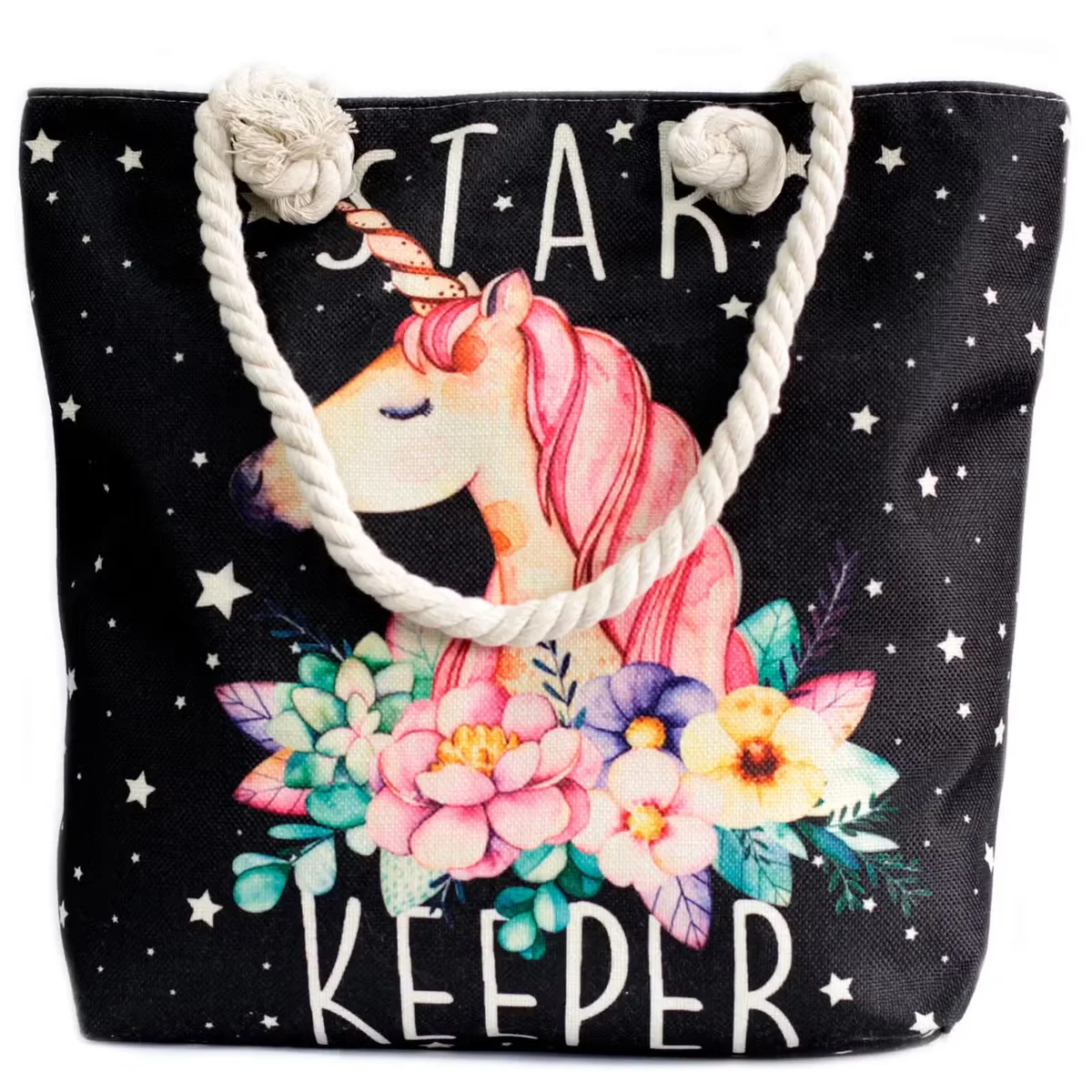 Unicorn tote bag with rope handle, Star Keeper unicorn design across the front