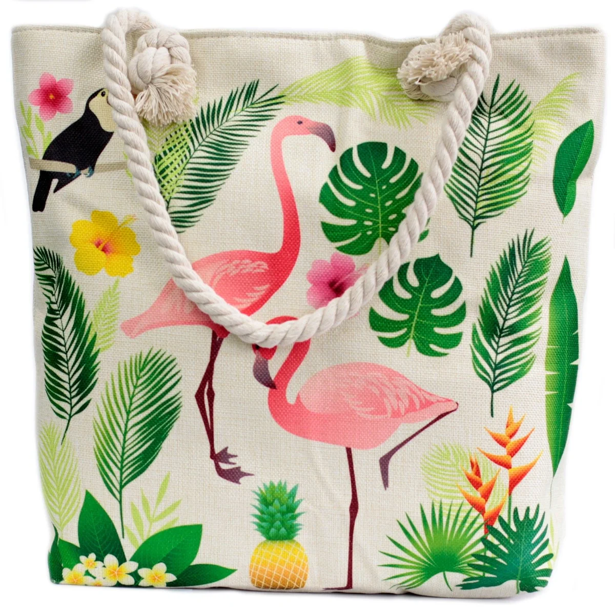 Flamingo tote bag with rope handle, bright flamingo pattern on canvas tote.