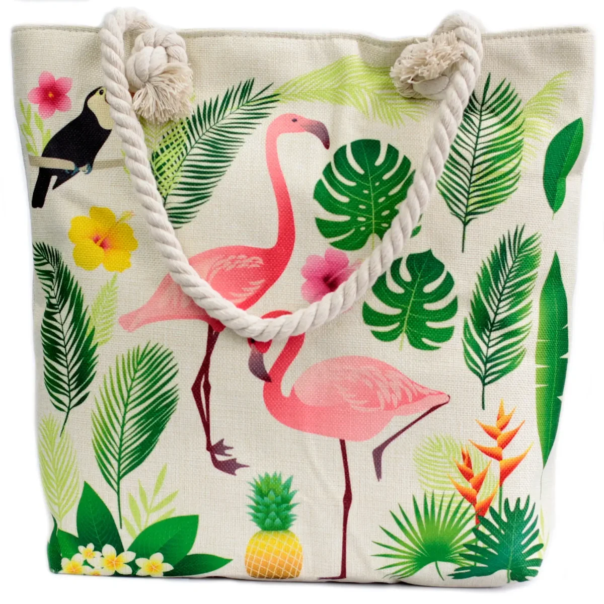 Flamingo rope bag in vibrant pink with soft fabric, featuring a rope handle and whimsical flamingo illustration.