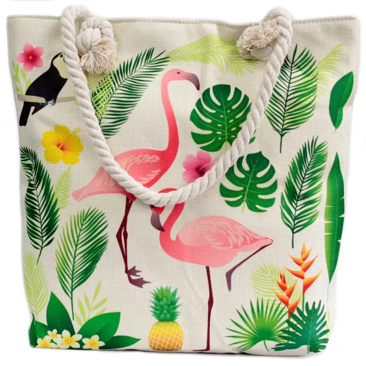 Flamingo tote bag with rope handle, colourful flamingo print, light tan background