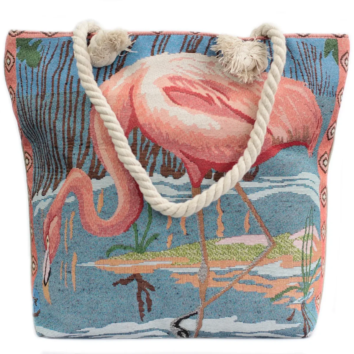 Pink flamingo rope handle bag displayed on a neutral background