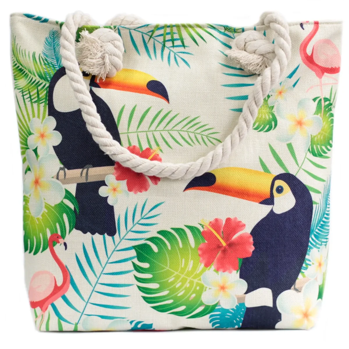 Rope handle tropical toucan bag displayed against a beach backdrop.
