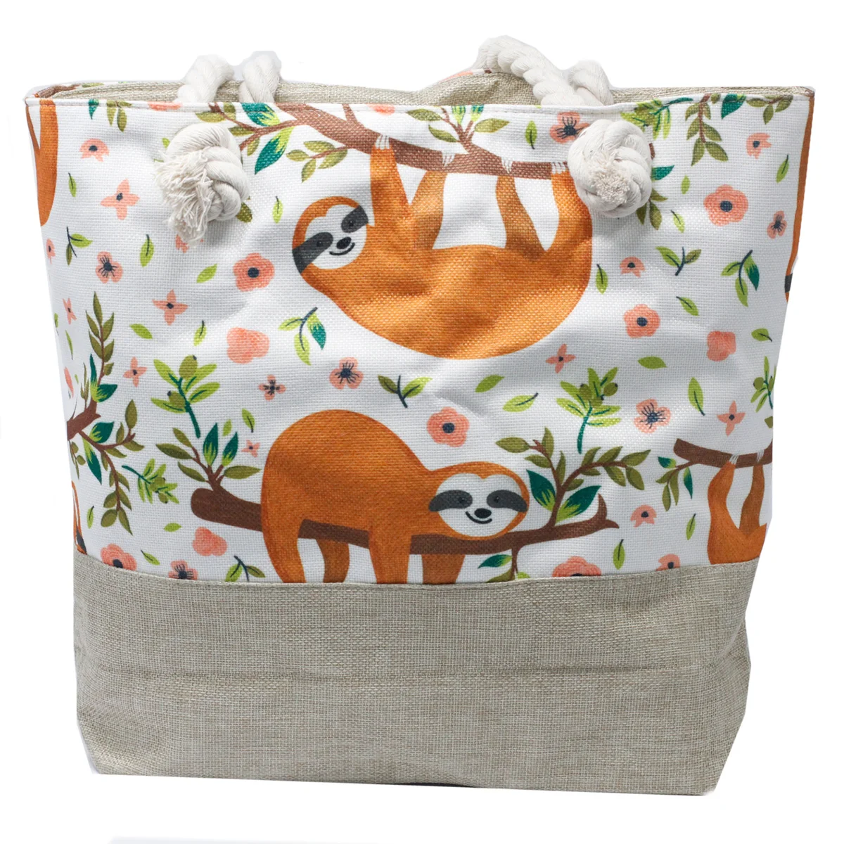 Sloth handbag with woven rope handle, printed sloth graphic on canvas bag
