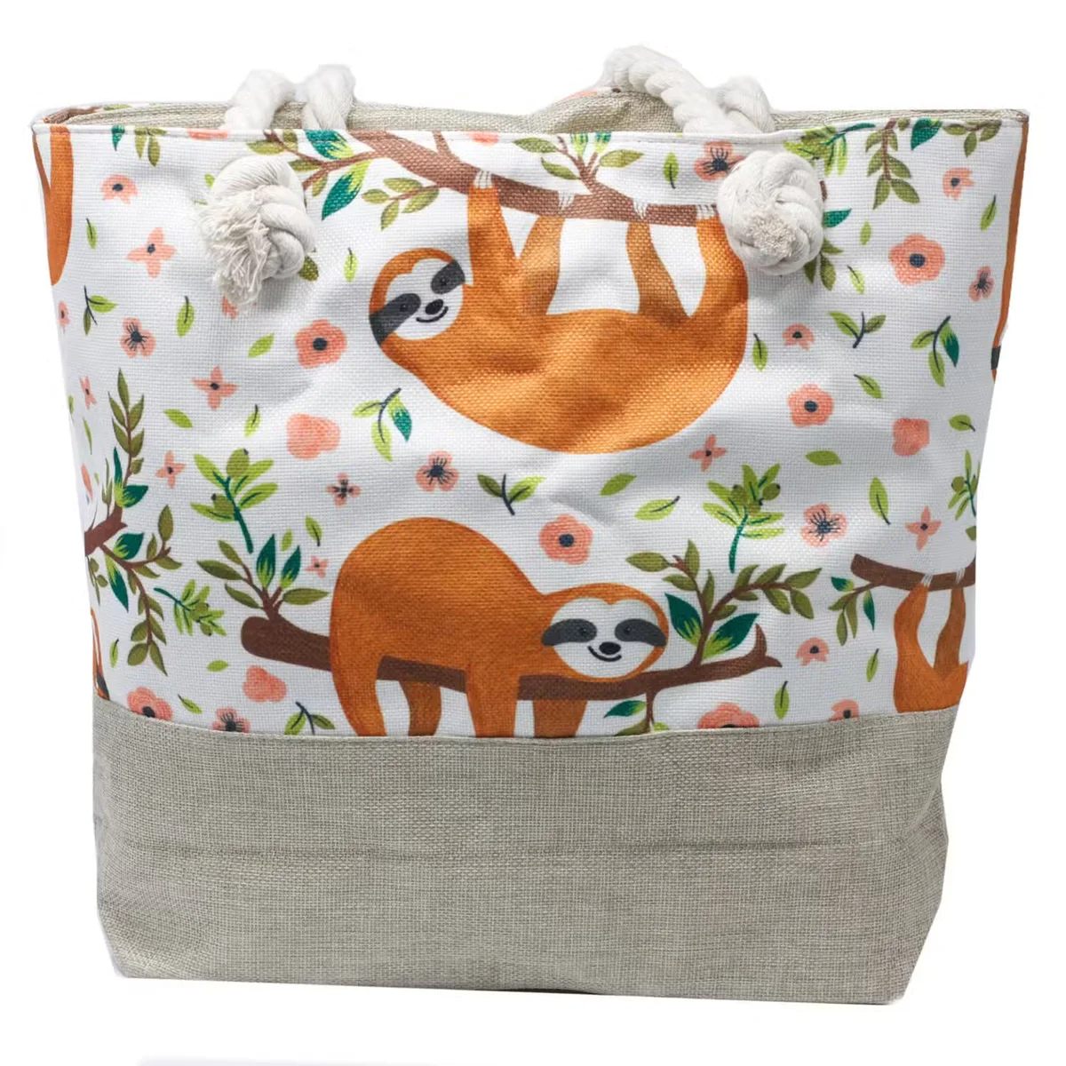 Front view of a rope handle bag featuring a sloth illustration, a popular animal sloth bag