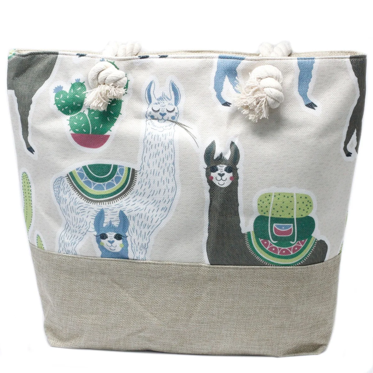 Llama tote bag with rope handle, featuring llama prints.