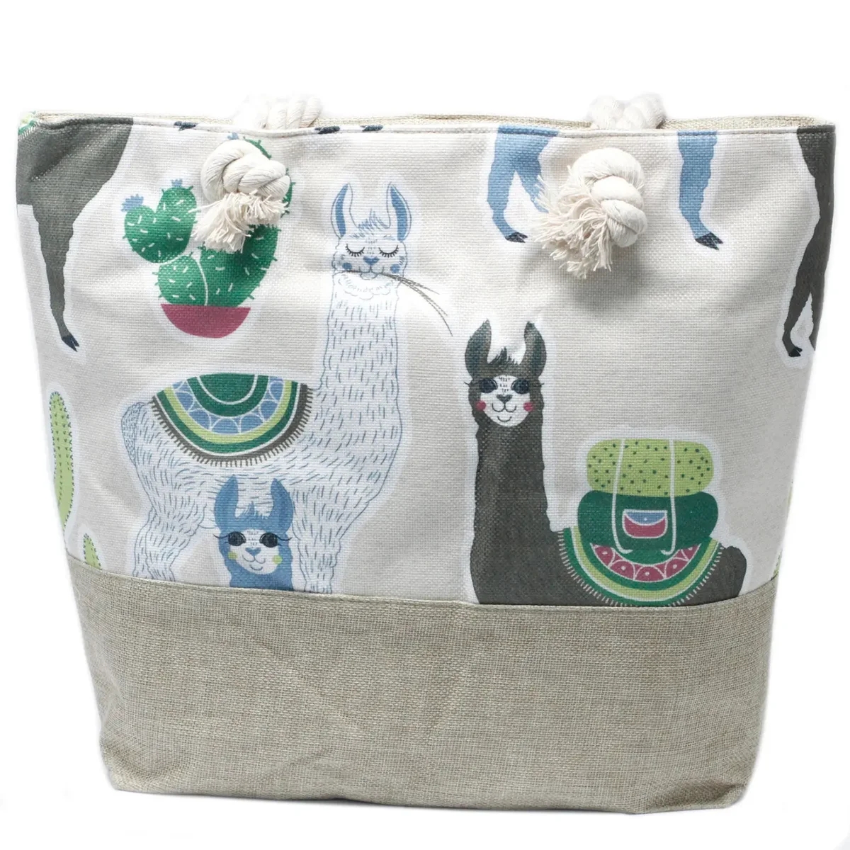 Rope handle bag featuring llamas