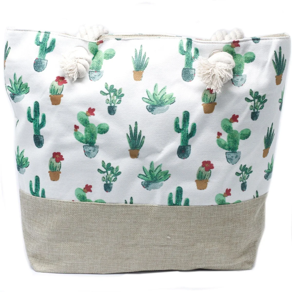 Stylish mini cactus handbag with rope handle and small cactus design.