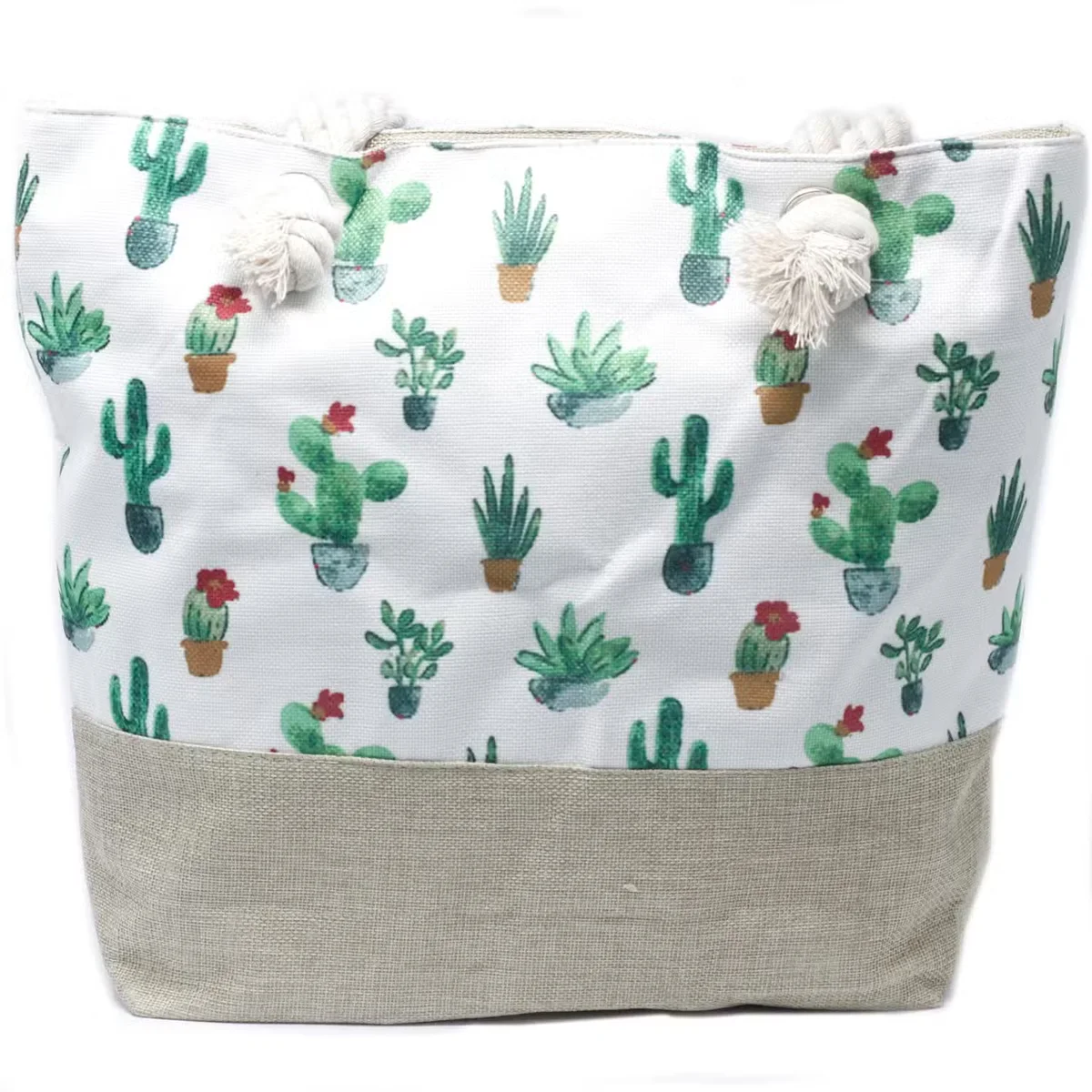 Stylish rope handle handbag featuring a mini cactus design