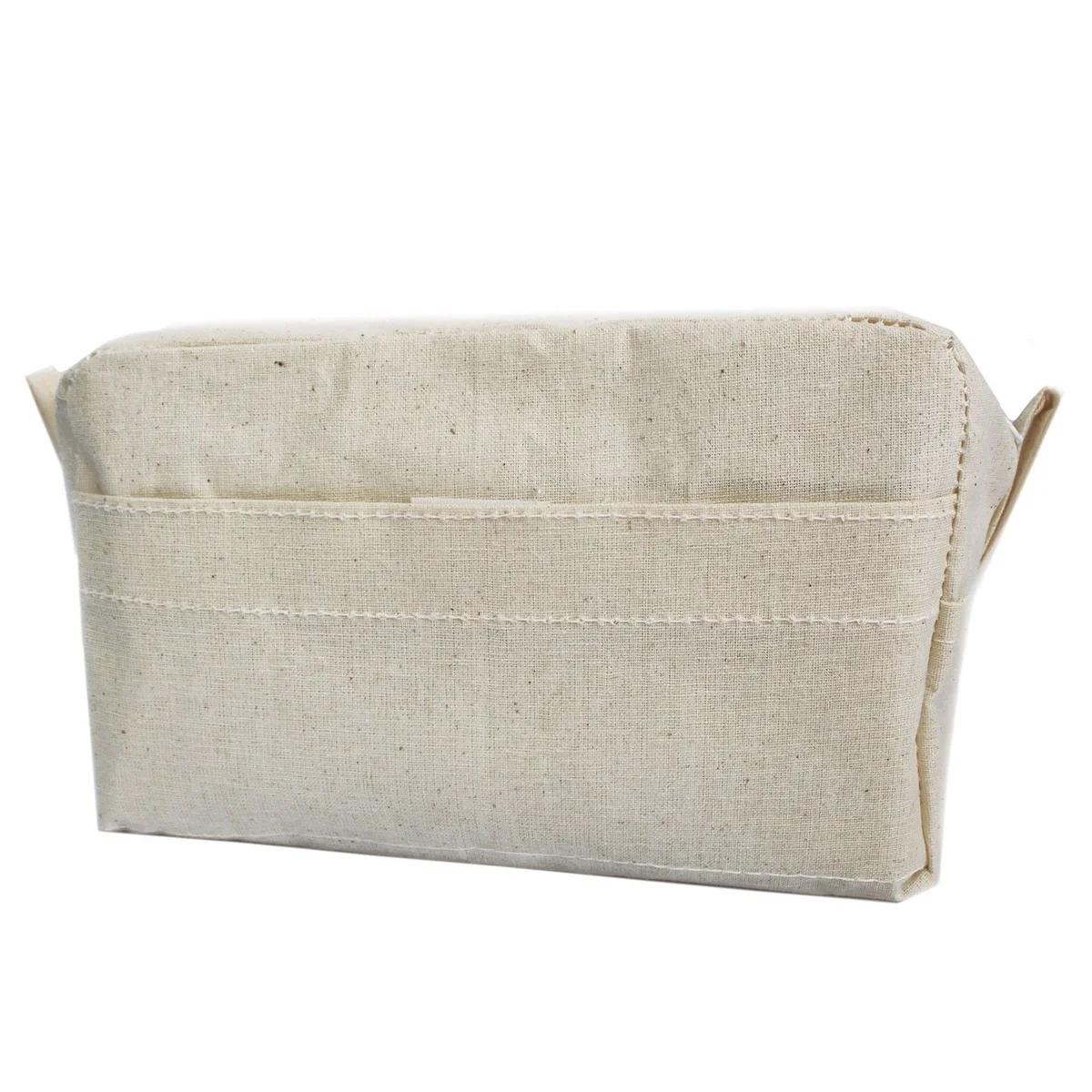 natural toiletry bag on plain background