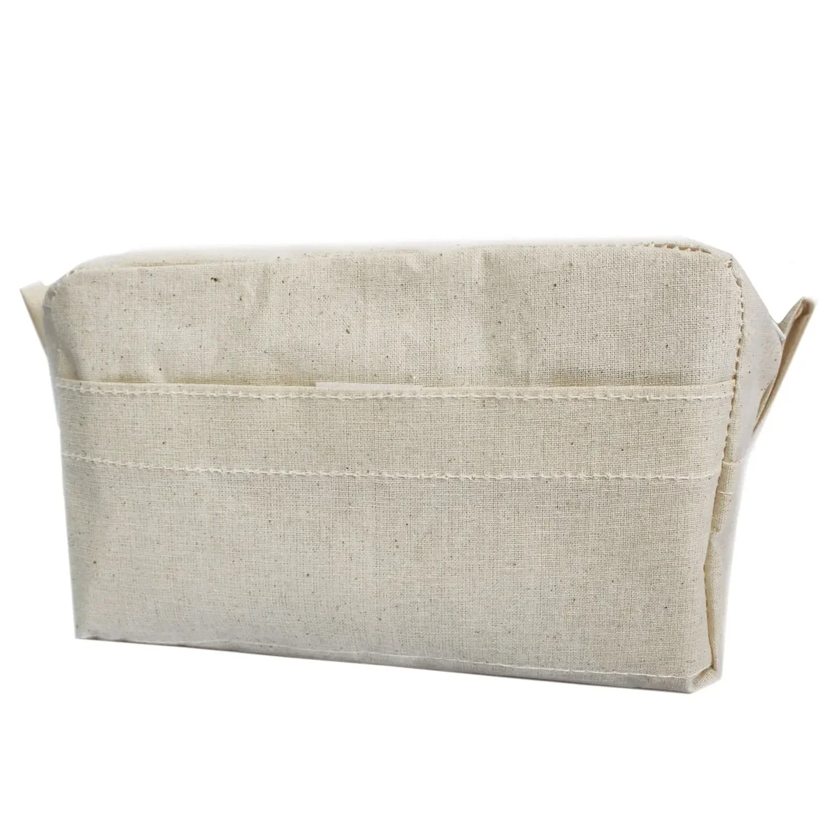 Natural toiletry bag, fabric cover, closed, with top zipper, neutral tone.