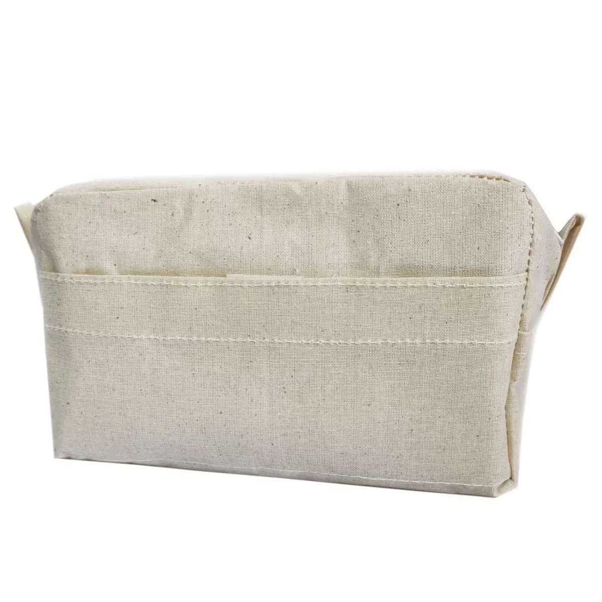 Natural coloured toiletry bag storage featuring multiple zippered compartments, relaxed shape, handy for toiletries.