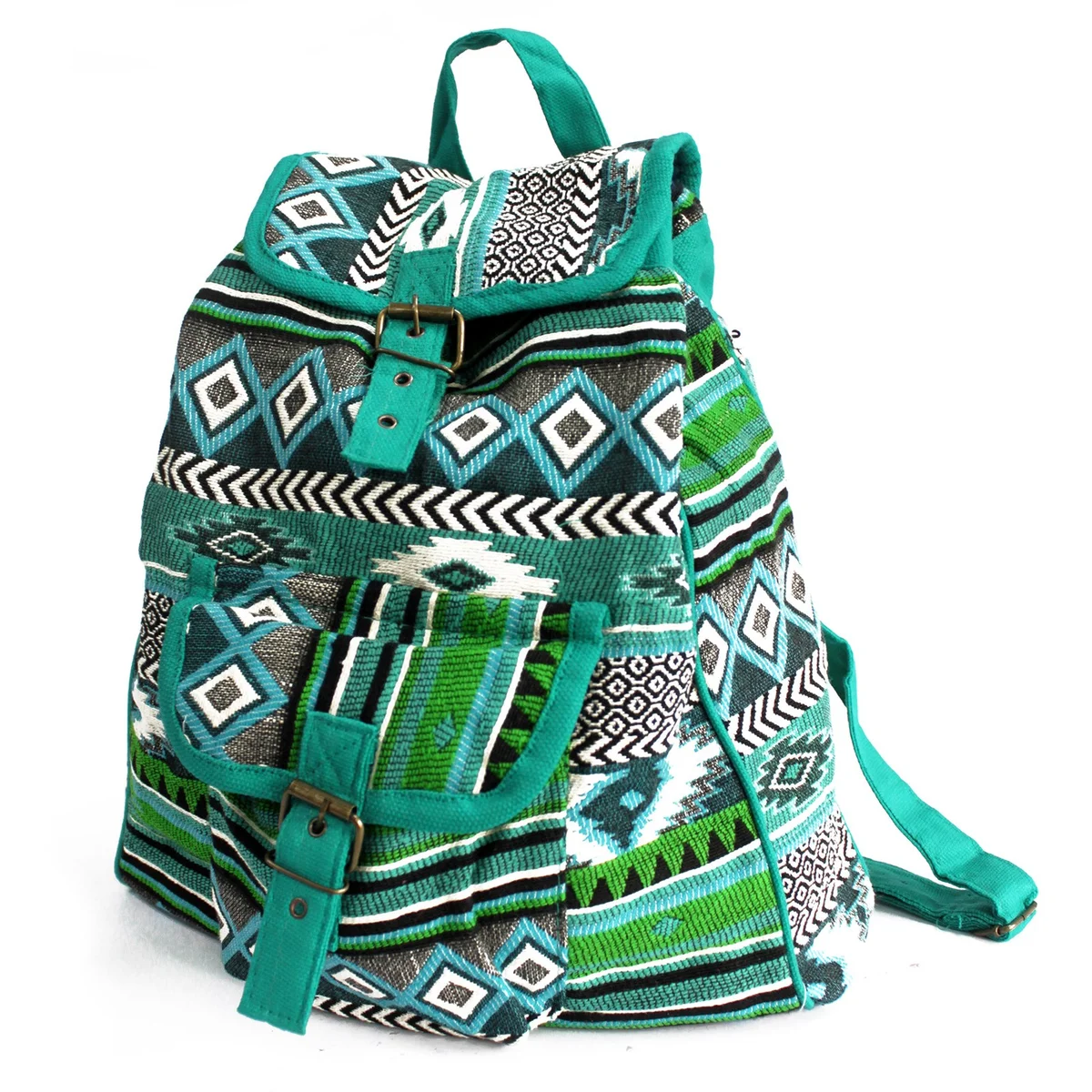 Teal backpack with jacquard pattern, high‑top shape, front zipper, side pockets, shoulder strap