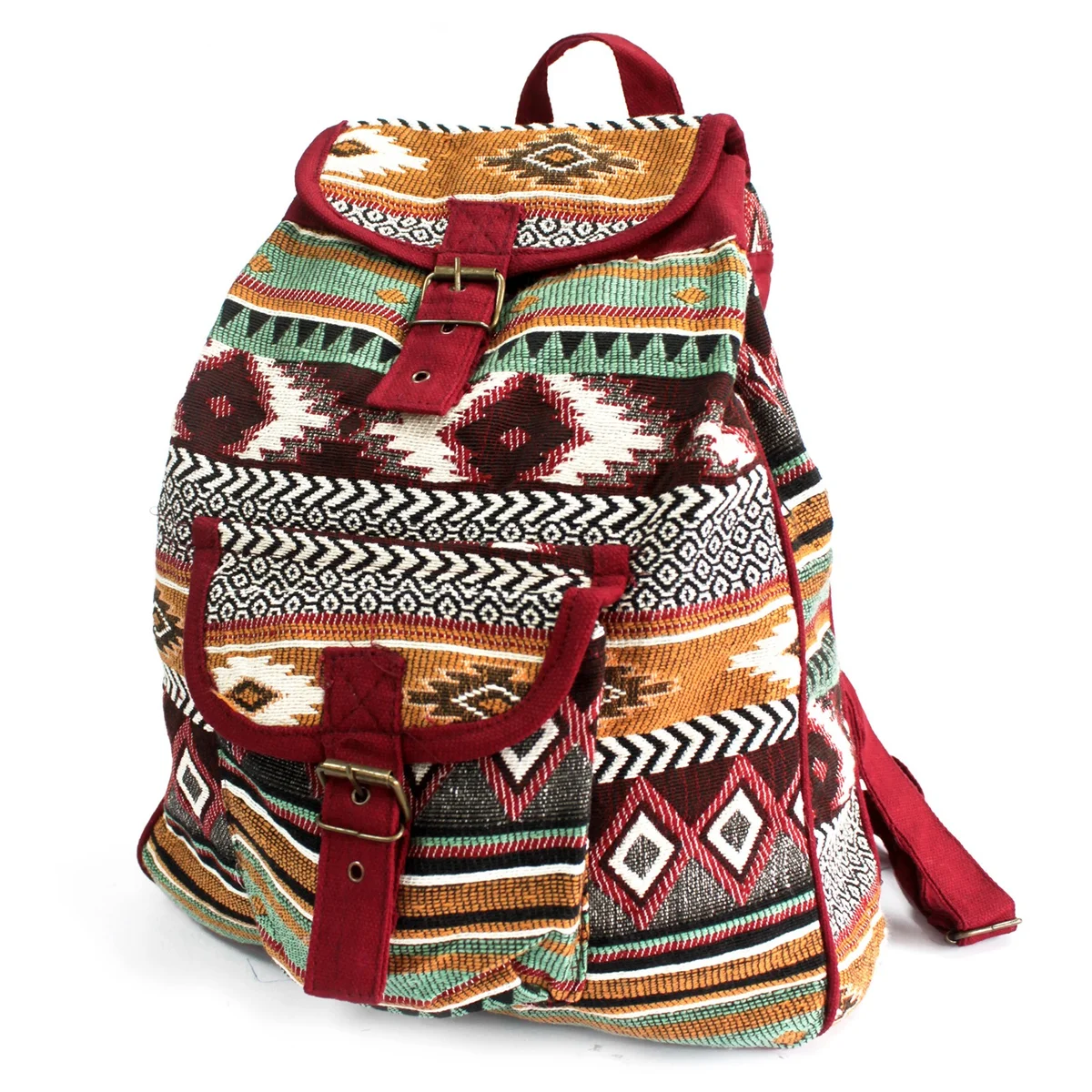 Stylish chocolate backpack featuring jacquard weave, front zipper pocket, soft fabric texture.