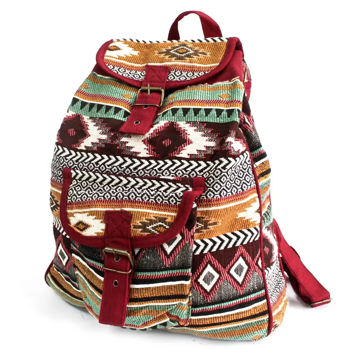 Chocolate‑coloured jacquard backpack for school, featuring a textured woven pattern