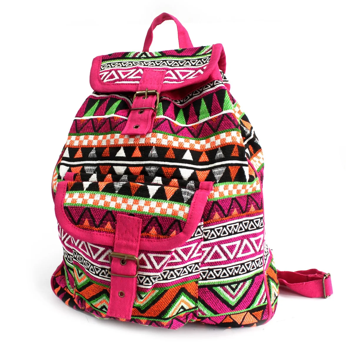Pink jacquard backpack with front pockets displayed.