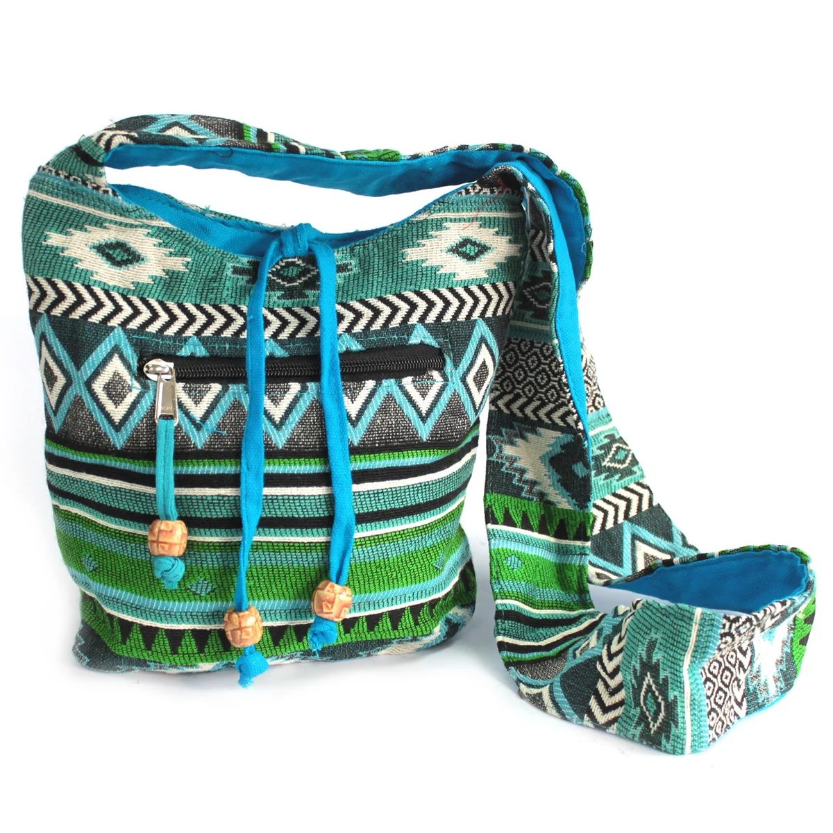 stylish teal jacquard sling bag with textured pattern and soft close‑fitting exterior