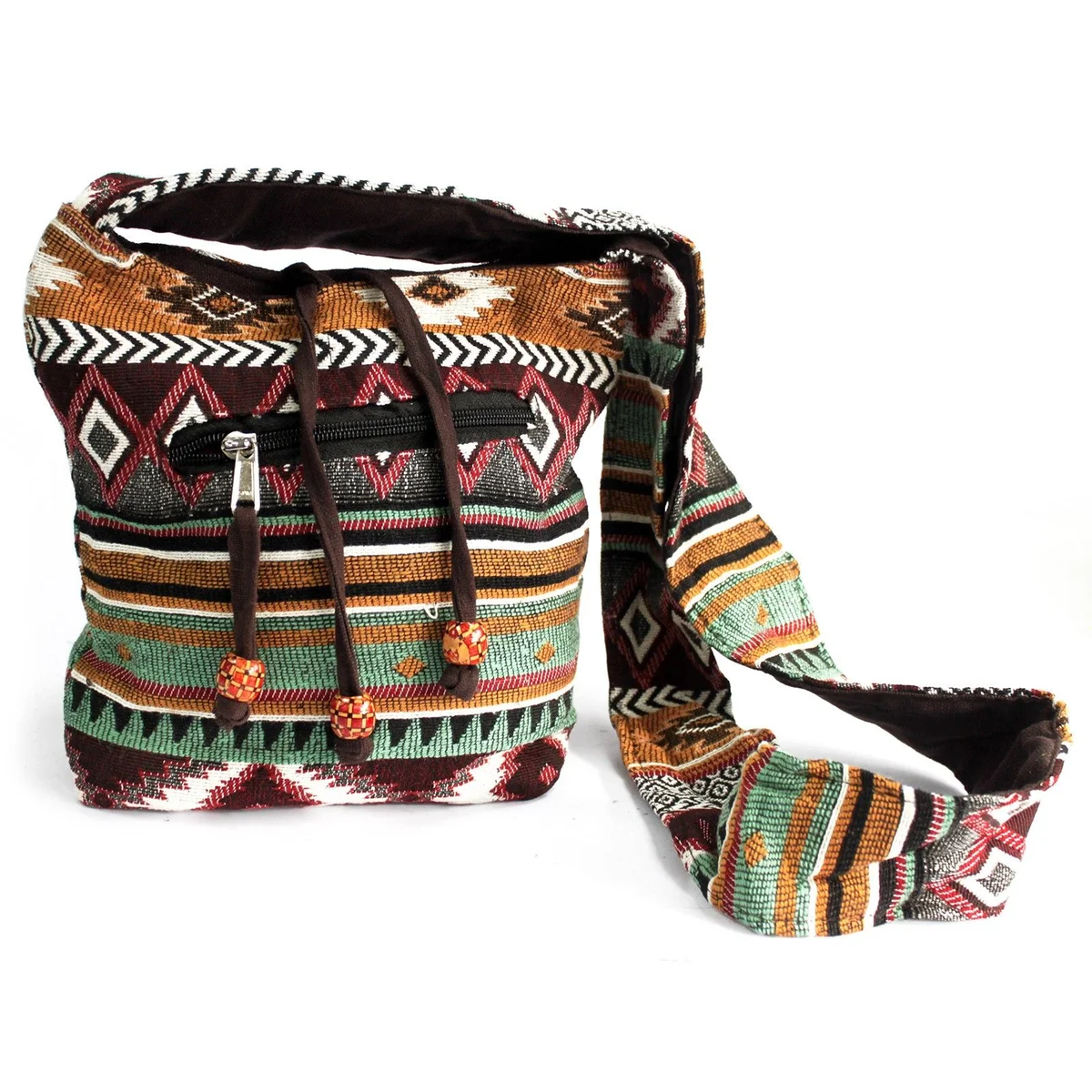 Chocolate sling bag featuring a jacquard design