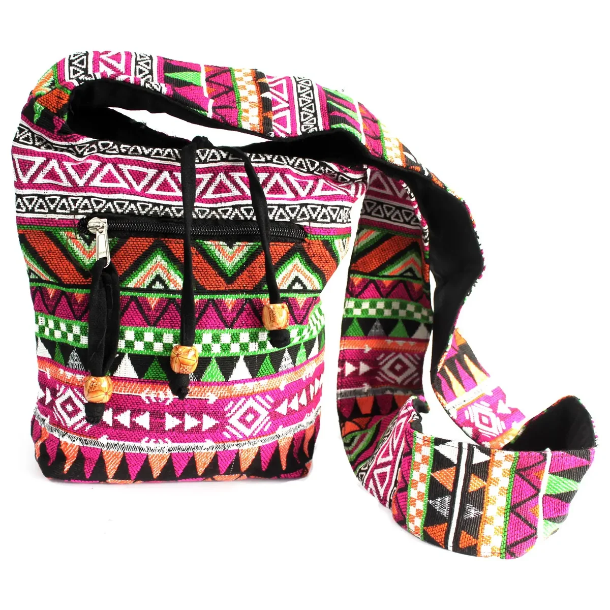 Pink jacquard sling bag with curved strap and subtle pattern