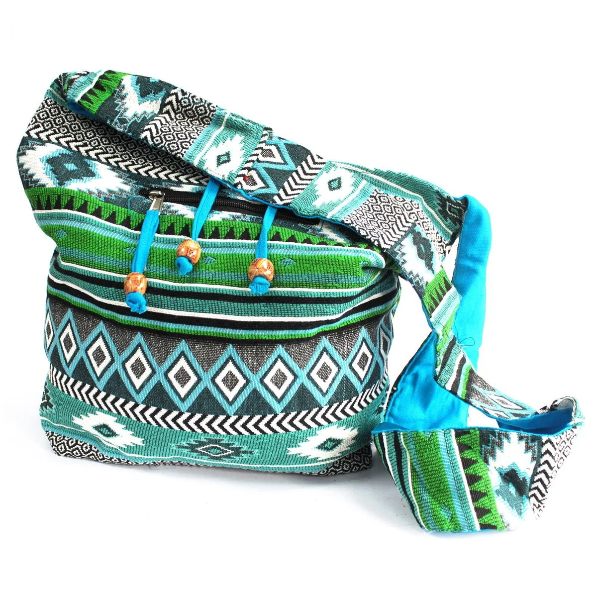 Stylish teal student bag with jacquard pattern displayed.