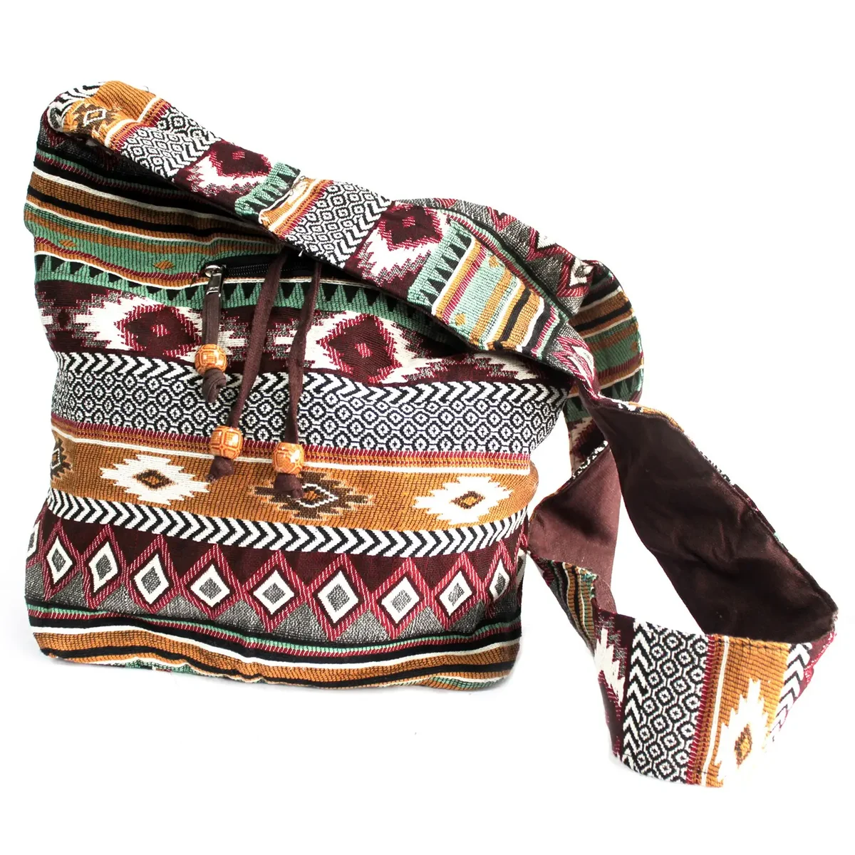 Chocolate jacquard bag displayed from the student's back with visible woven texture.