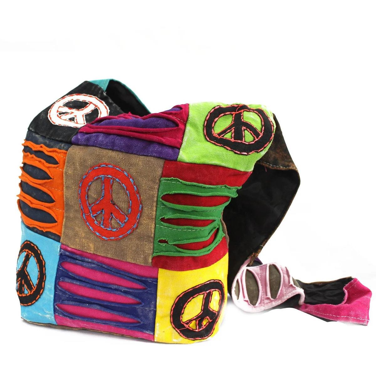Ethnic sling bag in soft sand colour, featuring a peace symbol pattern.