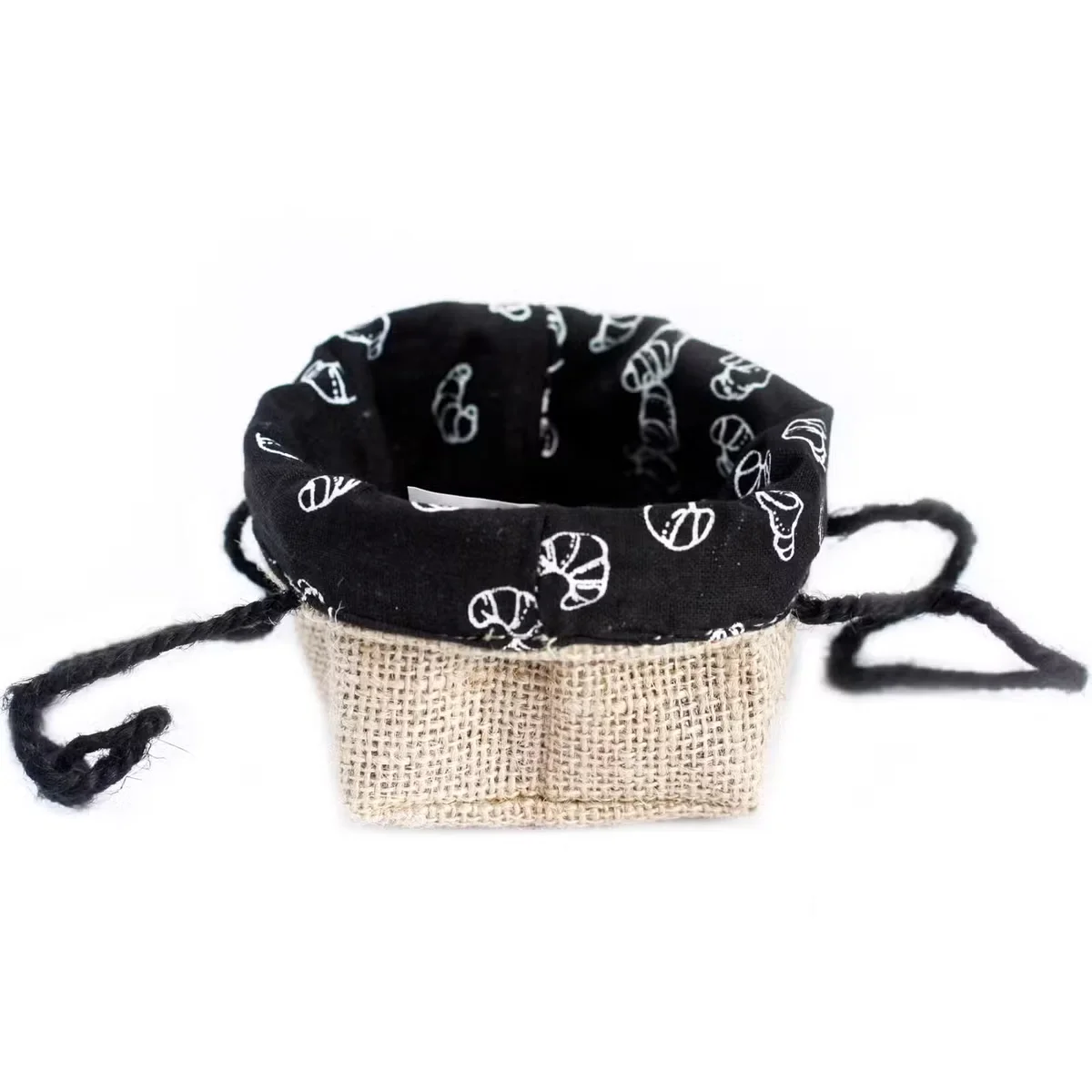 Small natural jute and cotton gift bag, black lined bag, displayed with visible fabric texture