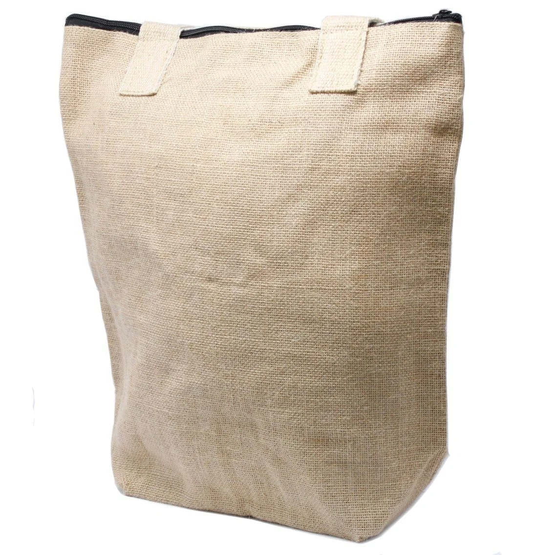 Eco jute bag in neutral burlap tone with blank design, displayed on a wooden surface.