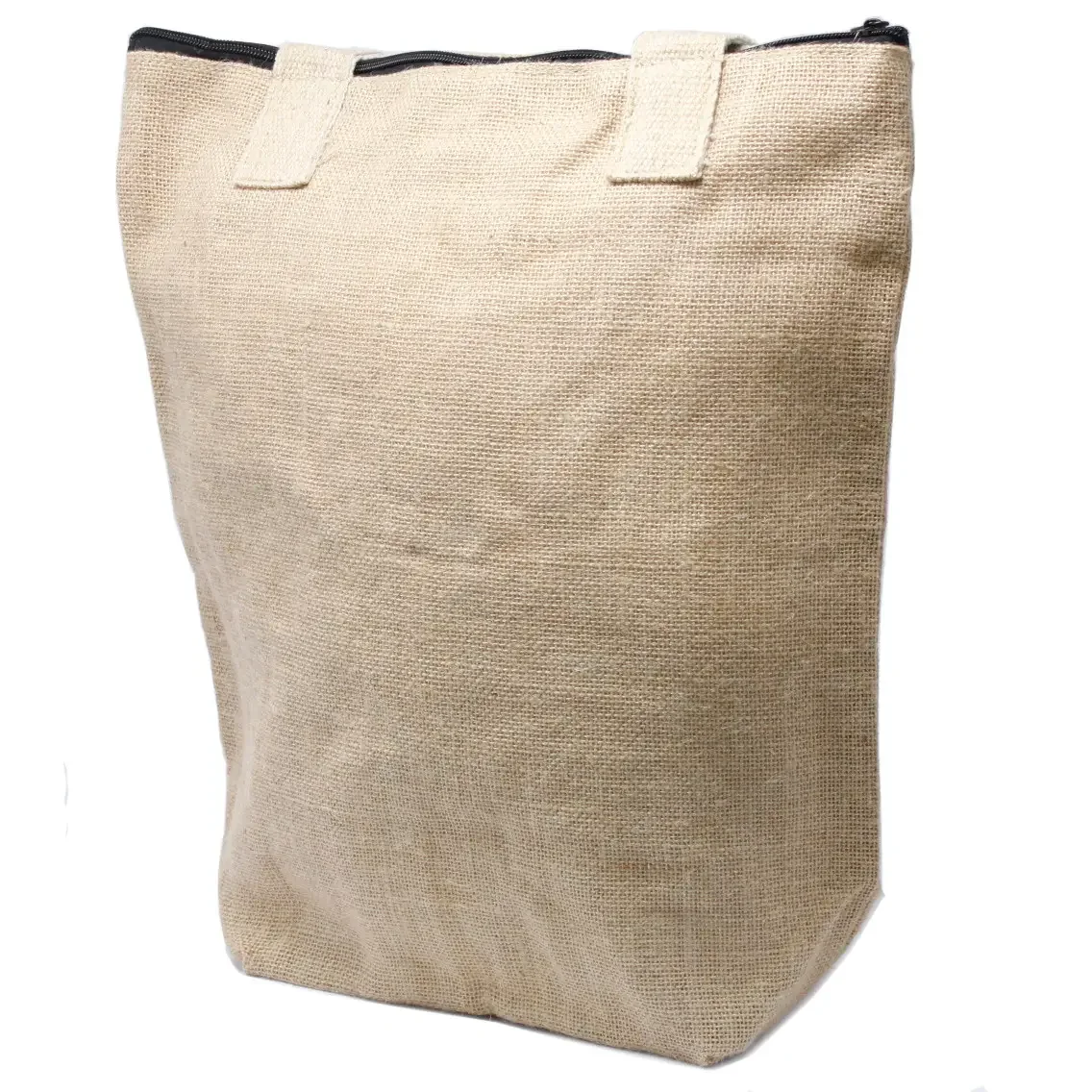 Blank eco-friendly jute tote bag made from natural jute fibres displayed on a neutral background.