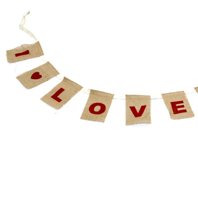 i love you bunting with large natural fabric flags bearing hearts