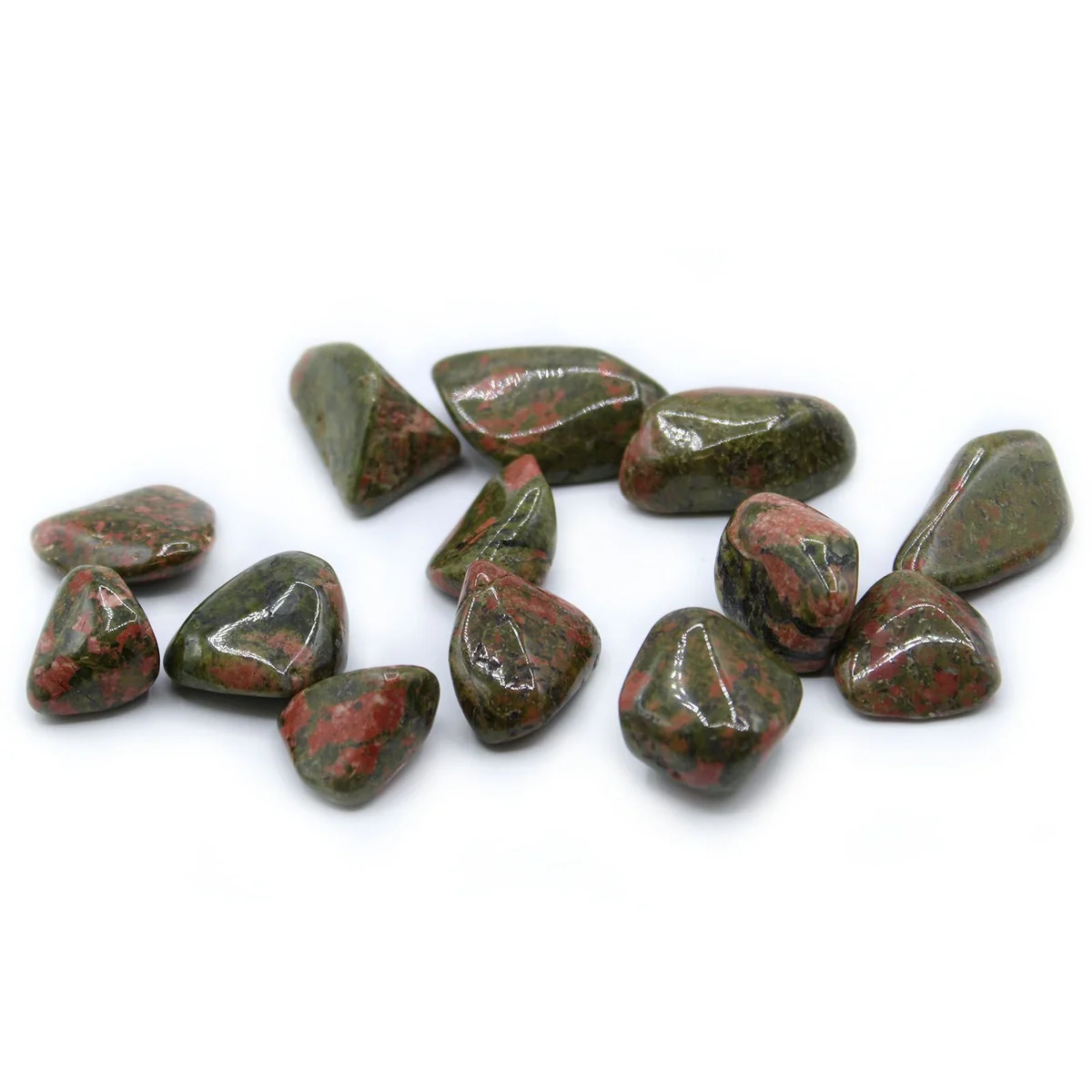 Unakite tumble stone, naturally coloured stone with green, white, brown patches, worn edges, part of L Tumble Stones set