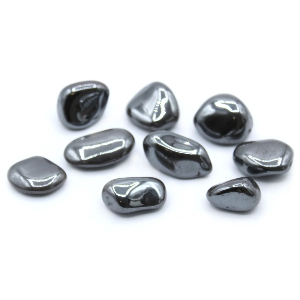 Decorative tumble stones in hematite, matte black surface.
