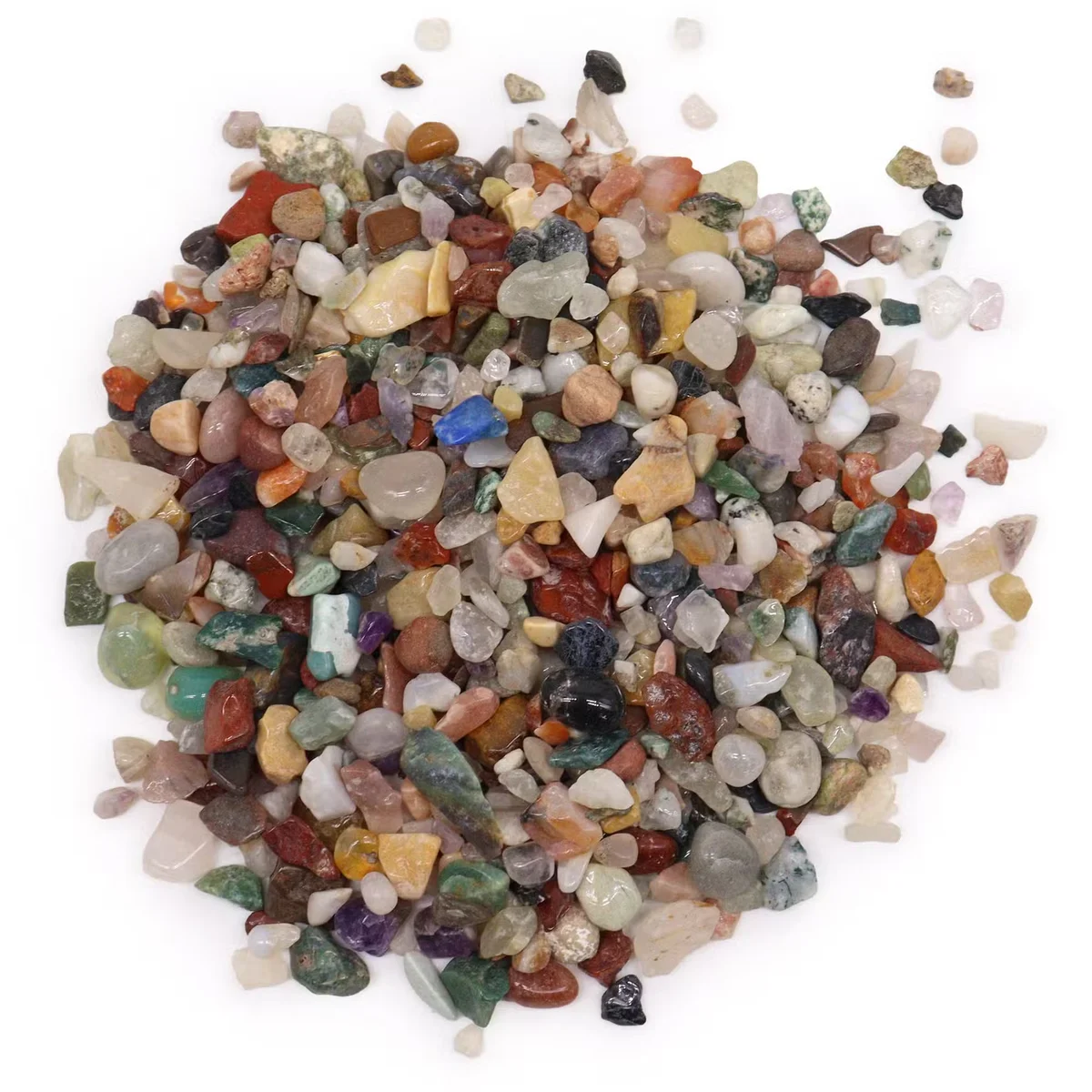 Mixed gemstone chips packed in a clear bag, showing a variety of natural coloured chips.
