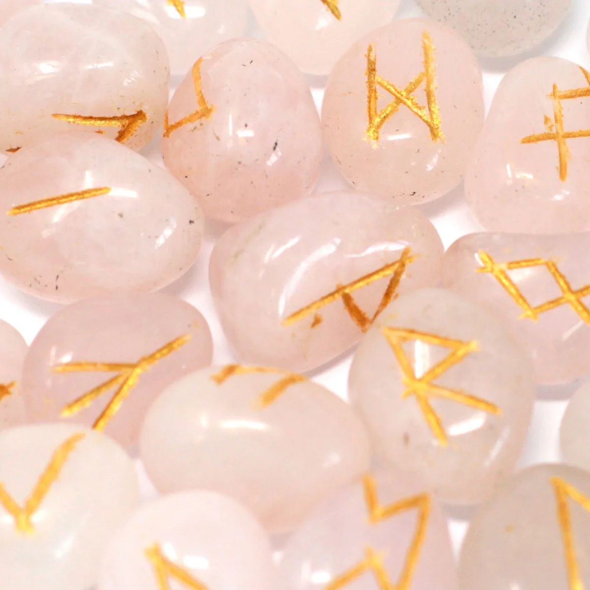 Runes stone pouch filled with a small set of rose quartz crystals