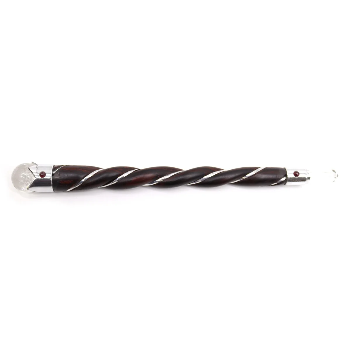 Twisted wood quartz wand with carved wooden handle and embedded rock quartz crystals