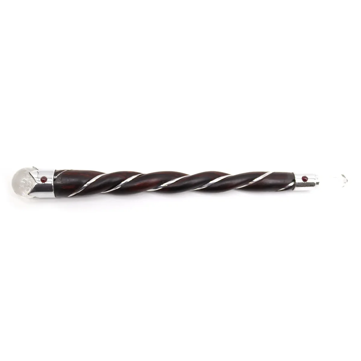 Twisted wood and quartz wand featuring a spiral wooden handle with embedded rock quartz.