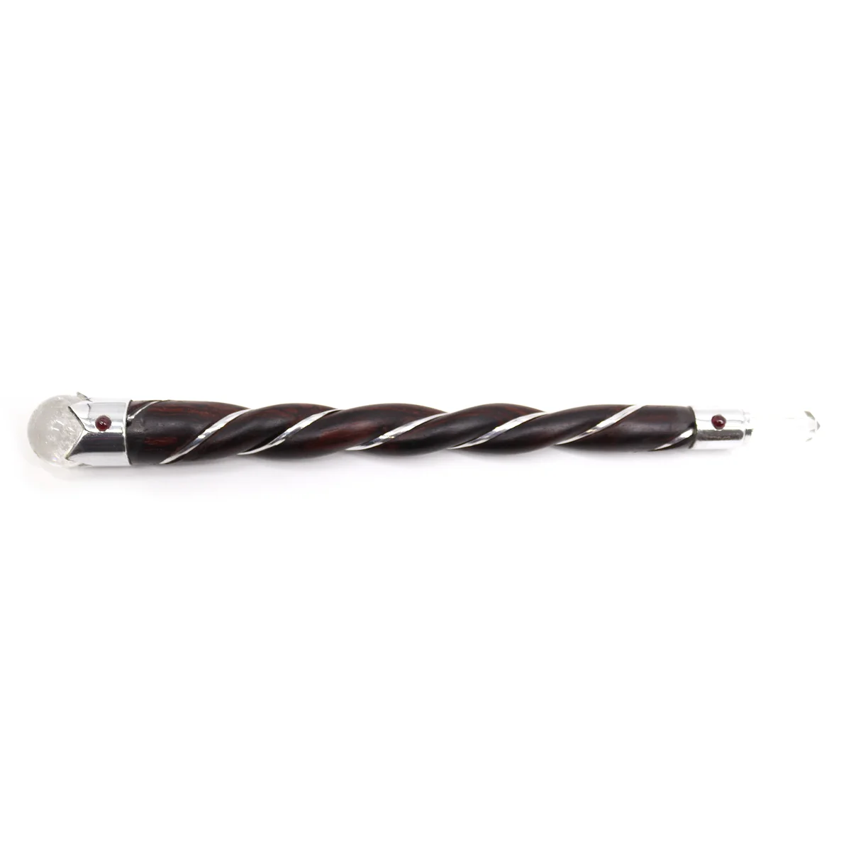 Twisted wooden wand holding a rock quartz crystal, a decorative quartz wand.