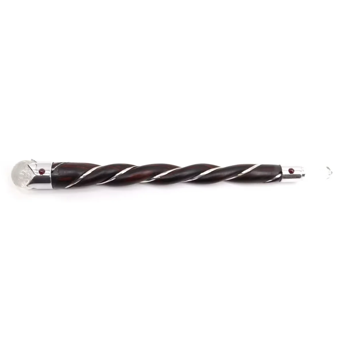 Twisted wood wand featuring a rock quartz ornament