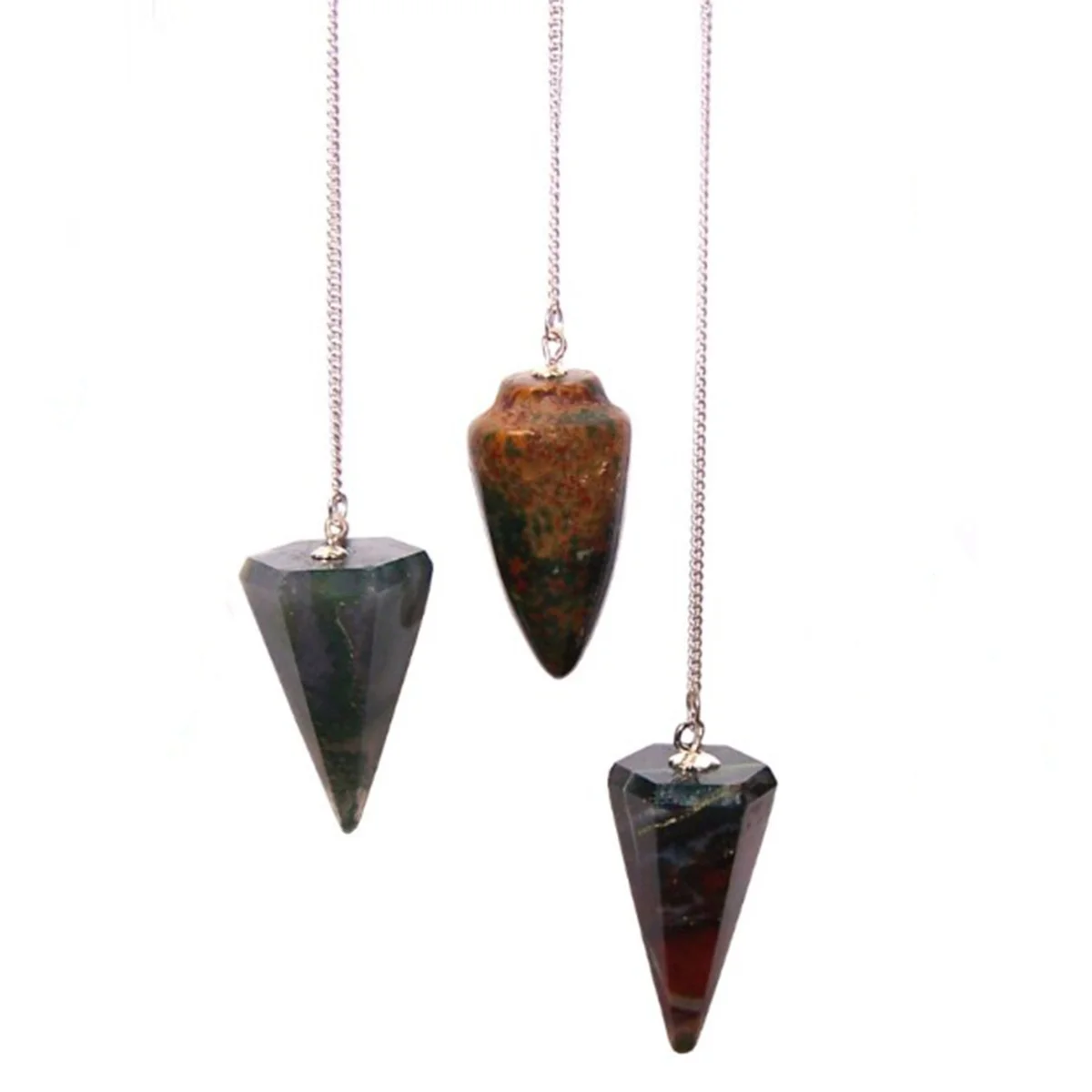 Bloodstone pendulum with a dark stone bead suspended on a silver chain