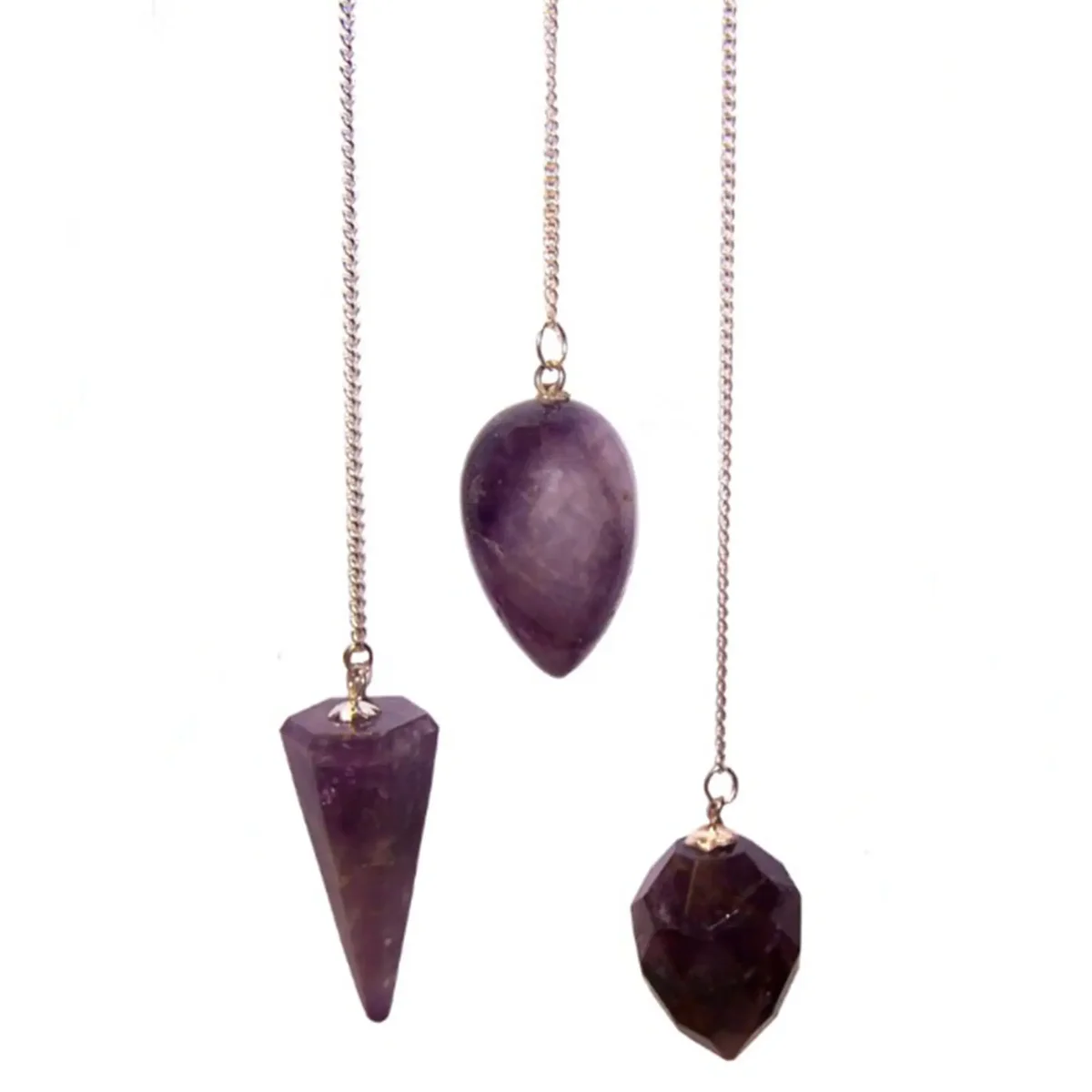 Amethyst magic pendulum hanging against a neutral background.