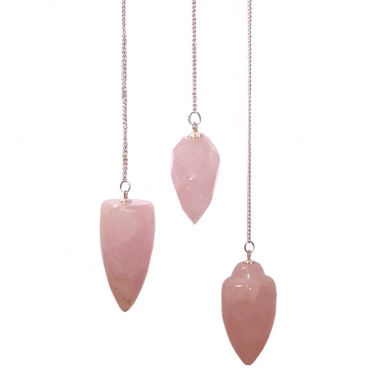 Rose quartz pendulum with a clear crystal sphere hanging from a delicate chain.