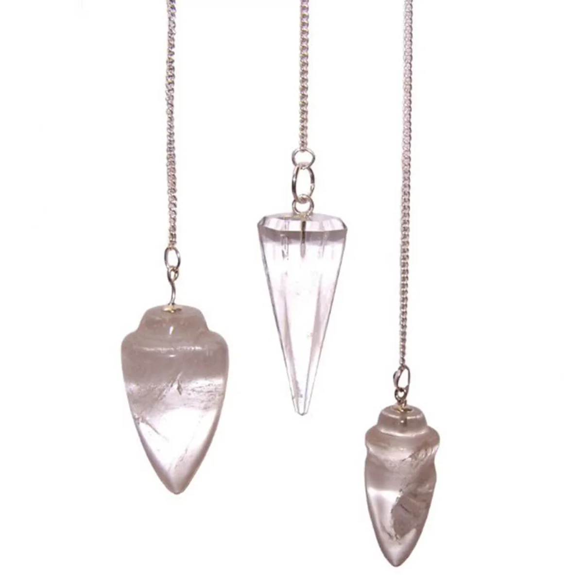 Pendulum rock quartz suspended from silver chain, resting on wooden stand