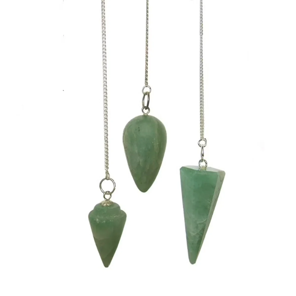Green crystal pendulum with a green aventurine stone hovering from a fine chain.