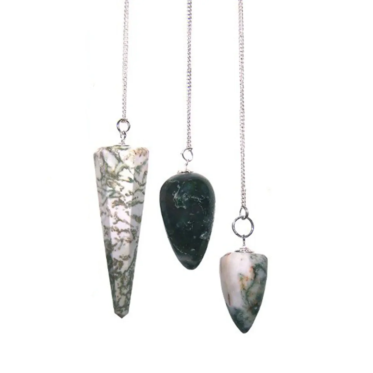 Tree agate magic pendulum on a string, showing natural green stone with tree-like veins.