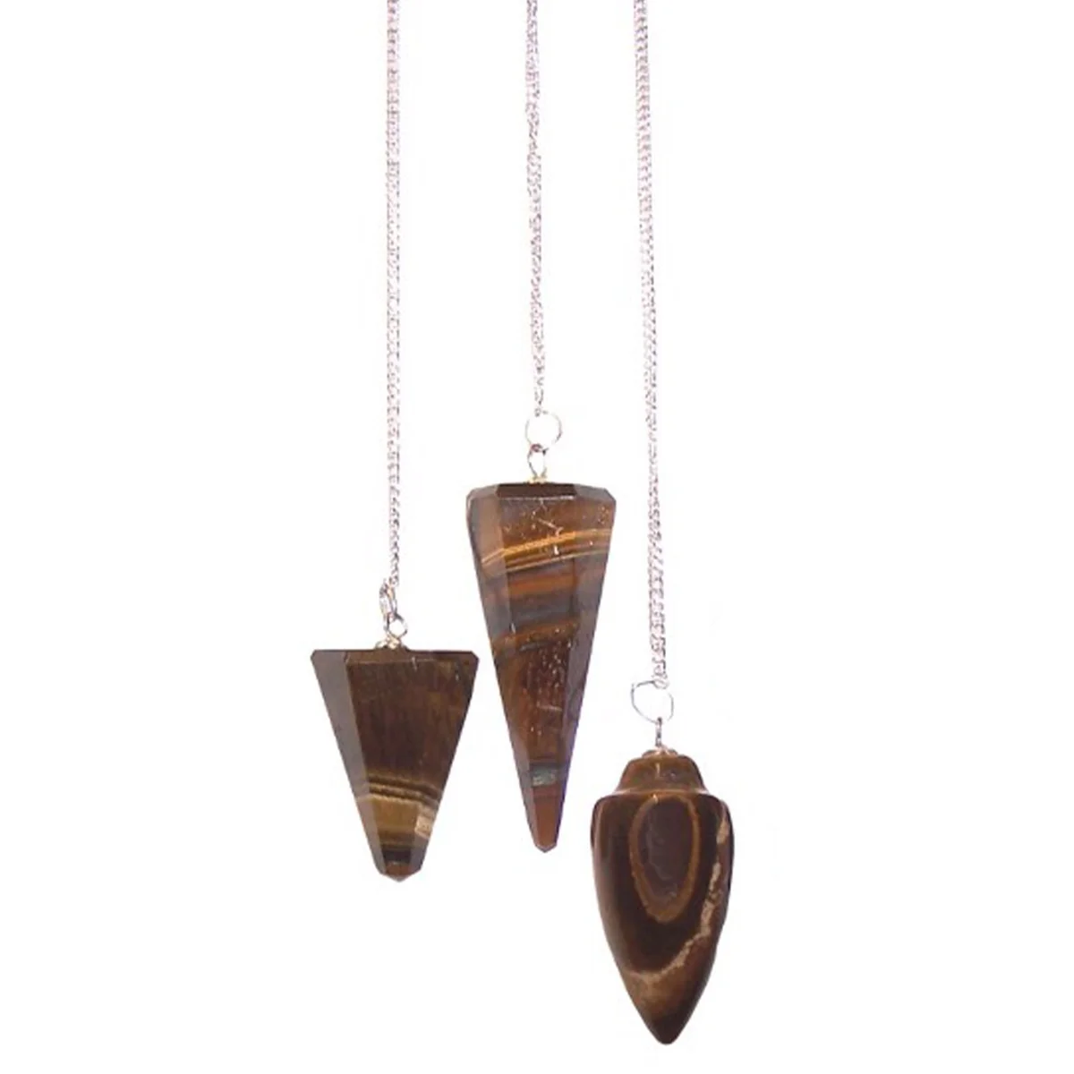 hand‑crafted tiger eye pendulum hanging from a thin chain, framed by turquoise glass beads.