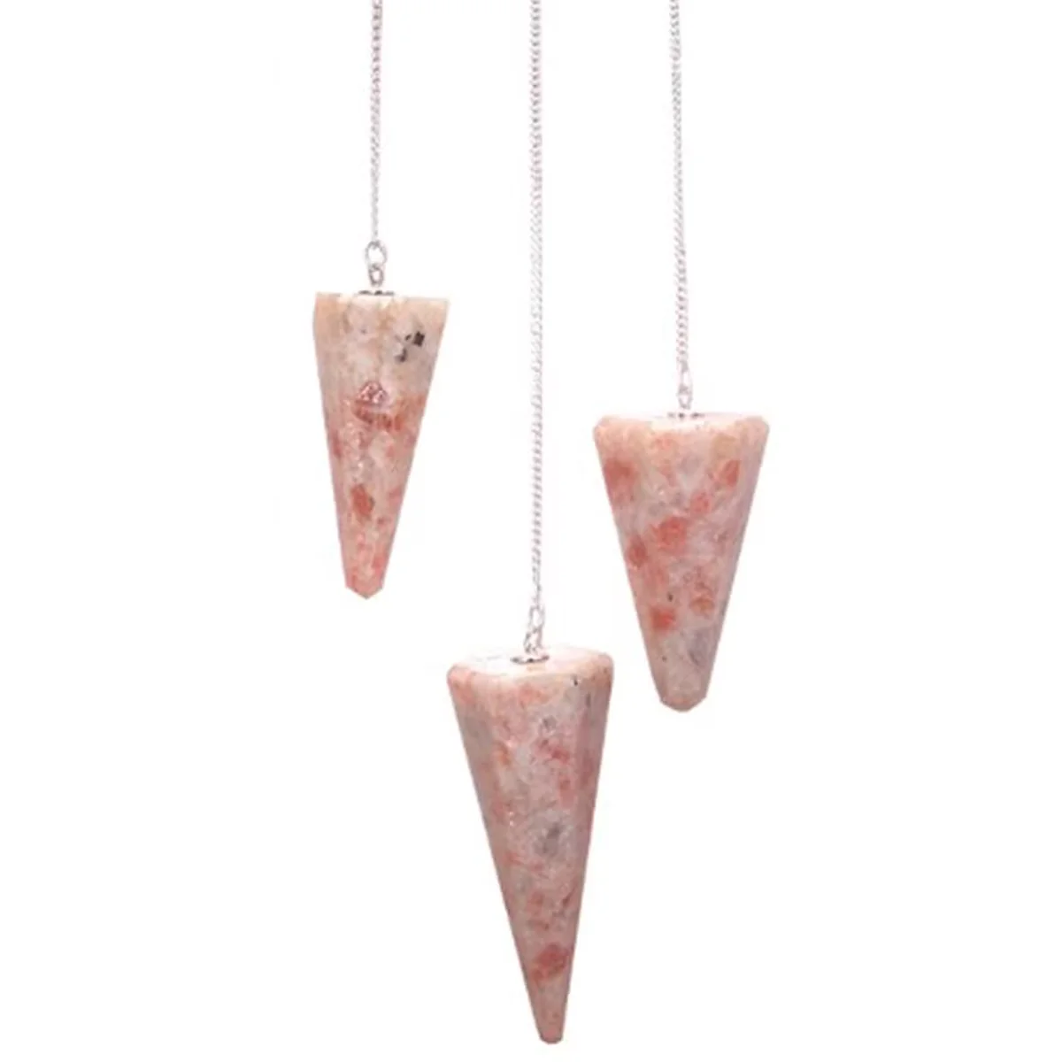 Crystal pendulum uk showing a sunstone pendant hanging from a silver chain.