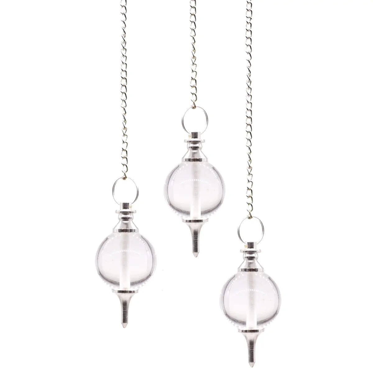 Rock quartz sphere pendulum decor suspended with a thin string, showcasing clear mineral facets.